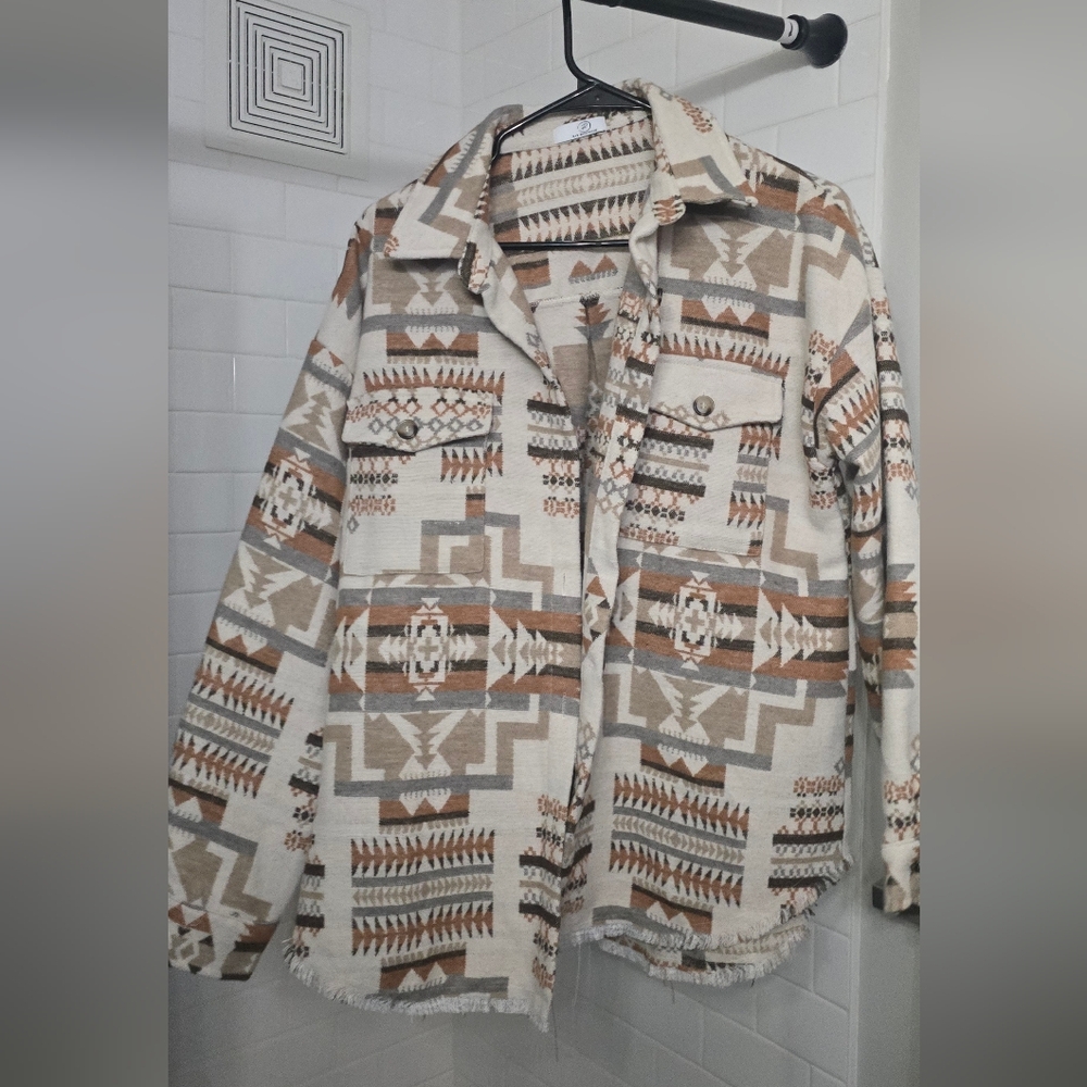 Women's Aztec Patterned Shacket - Beige and Brown